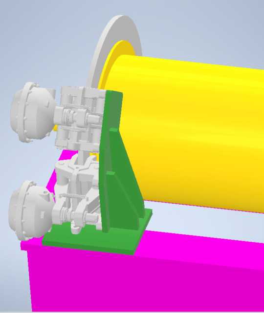 multiple pneumatic brake calipers mounted on a crane hoist rope drum